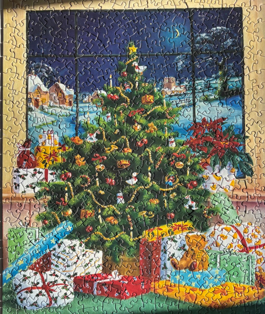 A cozy, illustrated Christmas tree scene viewed from inside a room with gifts and a winter night view through a window.