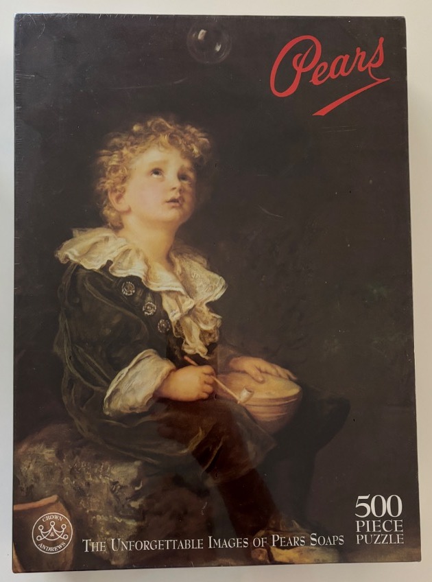 A classic oil painting of a young boy with curly hair blowing bubbles from a clay pipe.