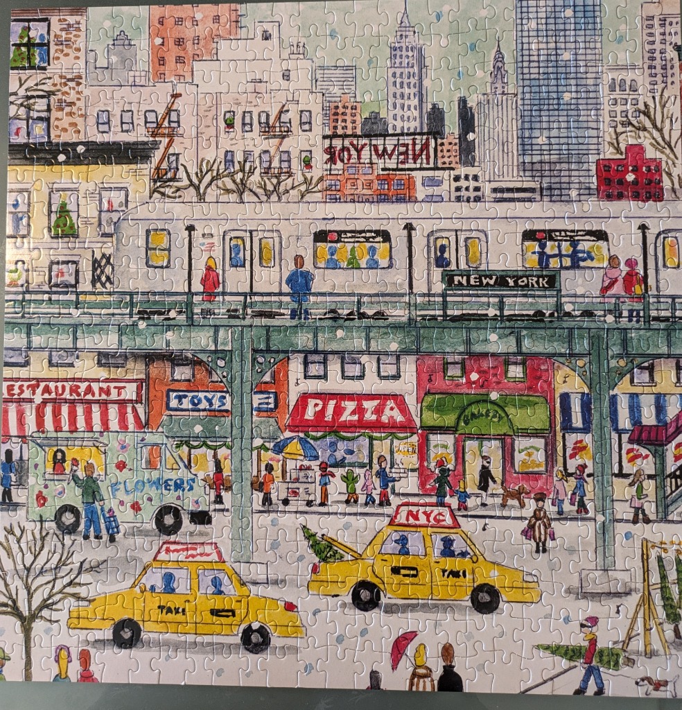 A festive, illustrated urban scene of a snowy New York City street with a subway train and yellow taxis.
