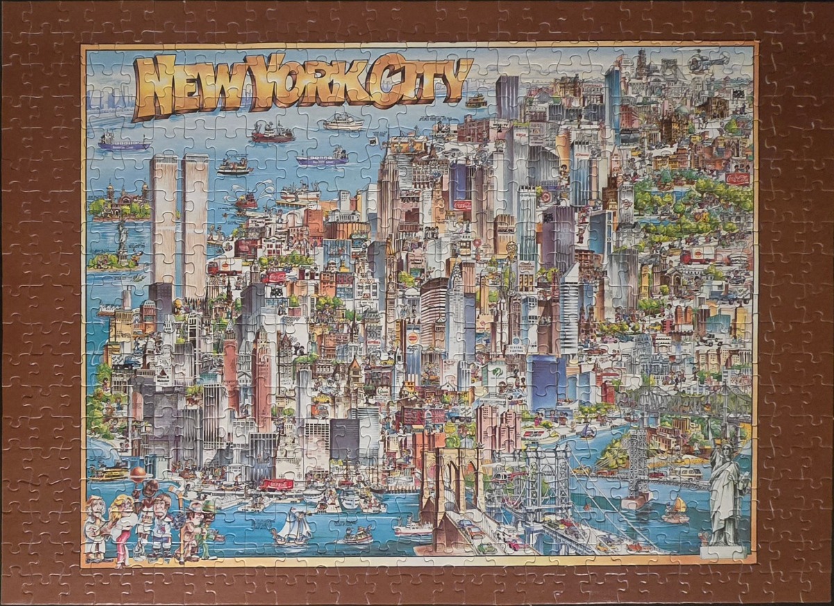 Cartoon-style illustrated map of New York City landmarks and skyline.