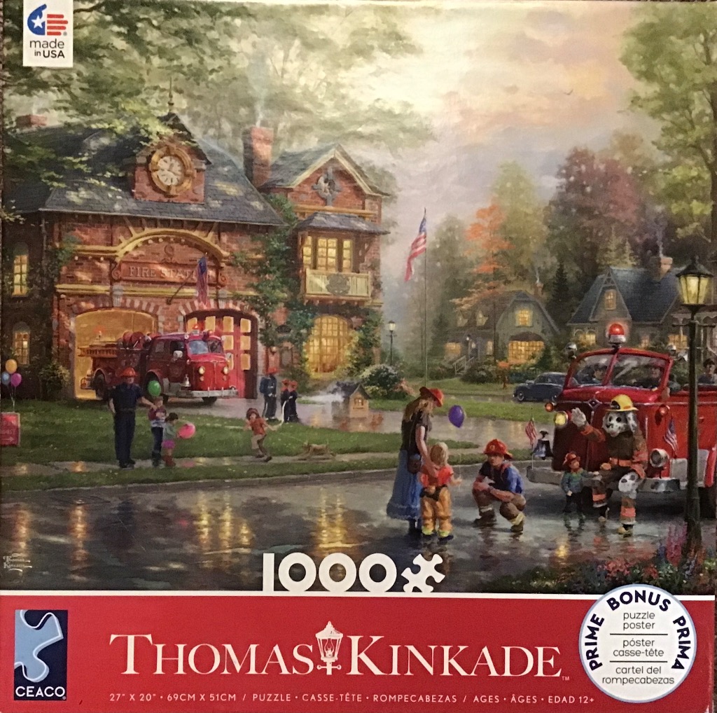 A nostalgic painting of a fire station with firefighters, children, and a dalmatian in a park setting.