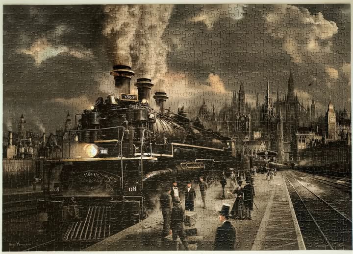 A vintage steam locomotive at a London train station in a sepia-toned illustration.