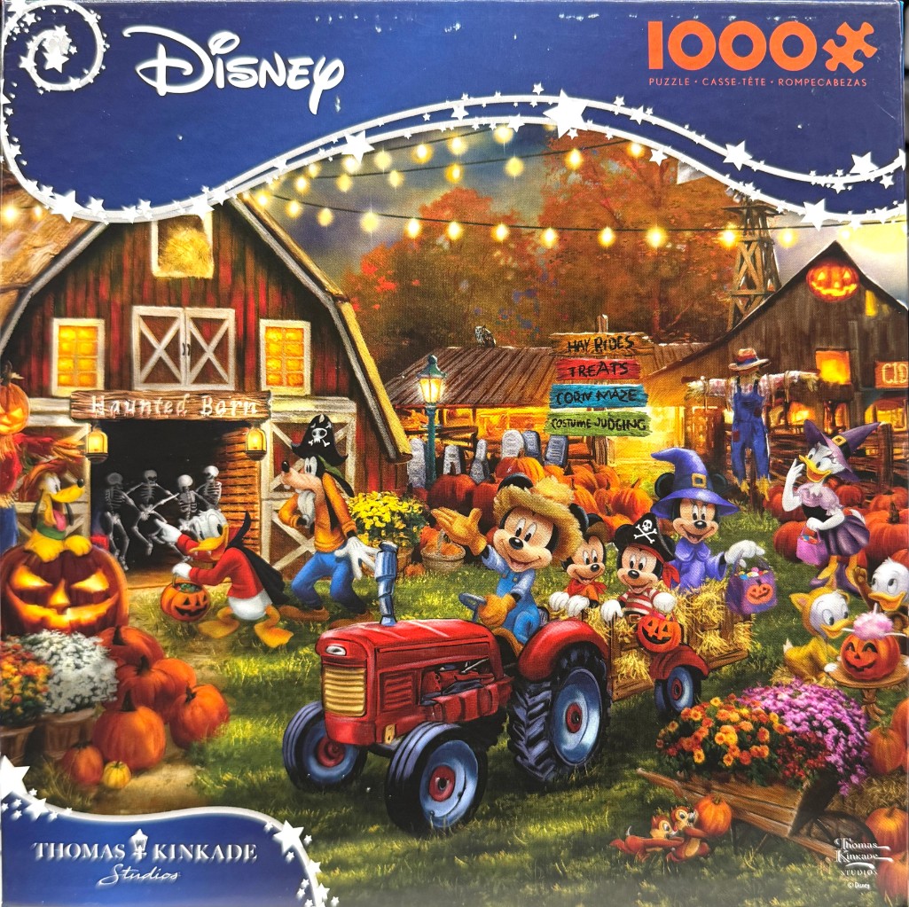Mickey Mouse and friends celebrating Halloween on a farm with a tractor, pumpkins, and a haunted barn.