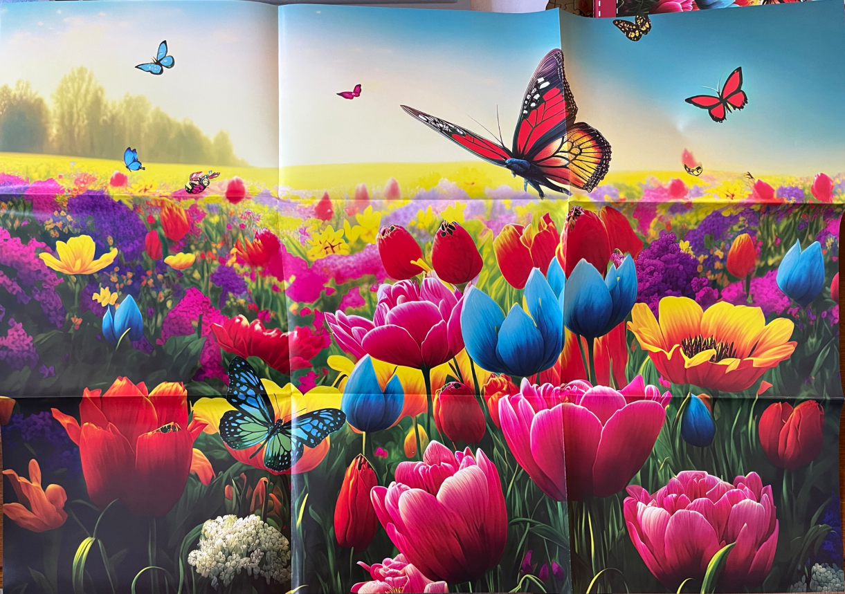 A vibrant meadow filled with colorful tulips and butterflies under a sunny, hazy sky.