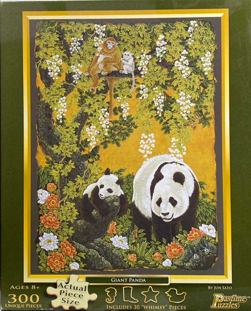 An illustration of a giant panda and cub beneath a tree with a golden monkey, surrounded by flowers and butterflies.