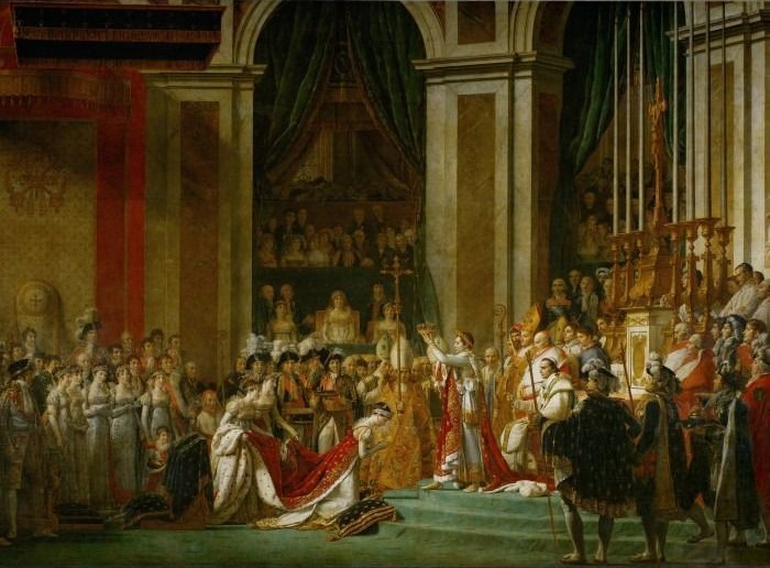 A grand neoclassical oil painting showing a historical coronation ceremony in a cathedral interior.