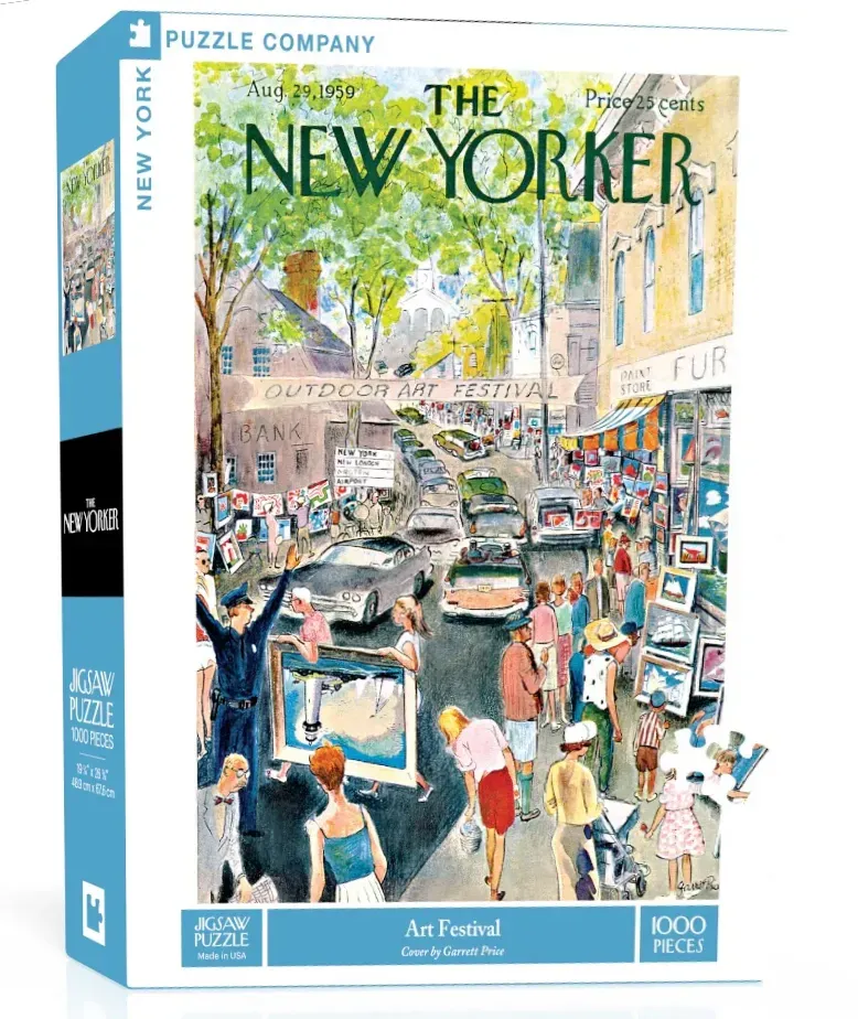 A vintage illustration of a crowded outdoor art festival in a small town.