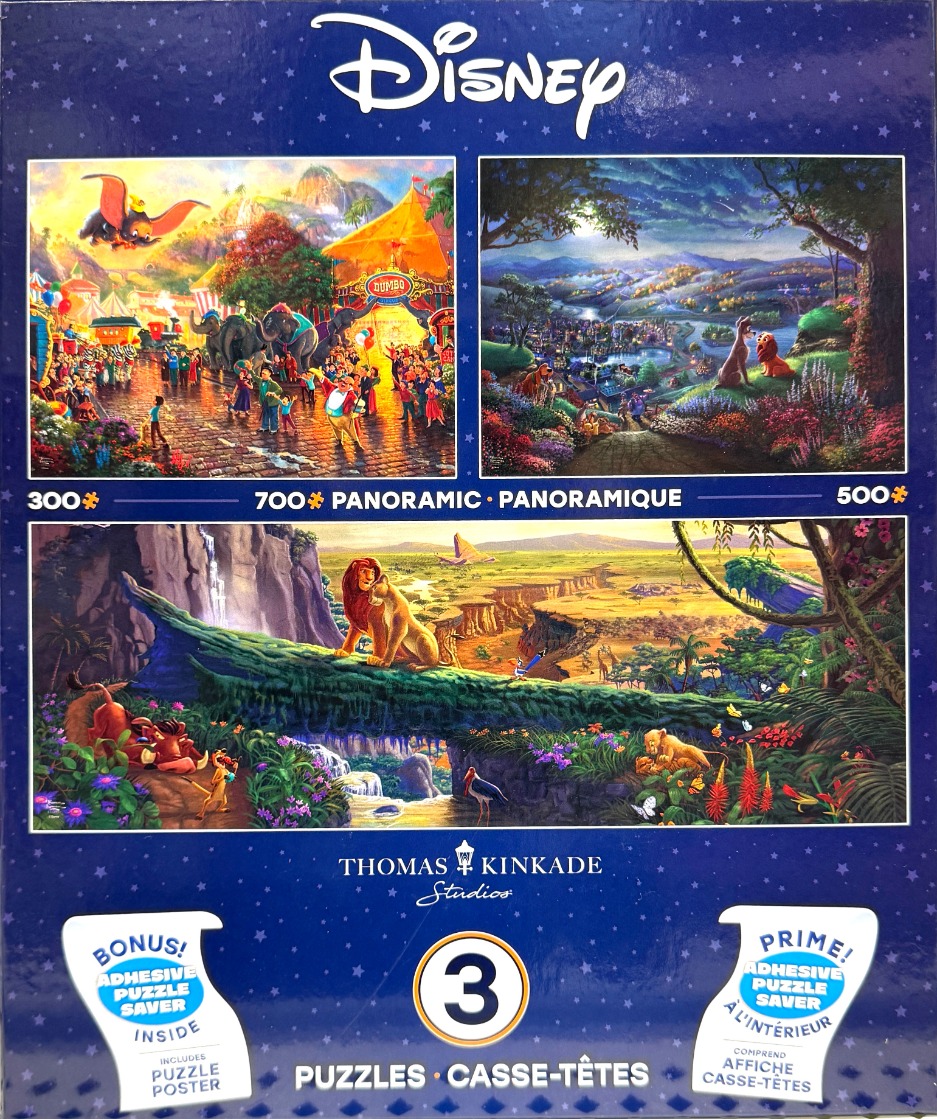 Three Disney-themed illustrations featuring scenes from Dumbo, Lady and the Tramp, and The Lion King.
