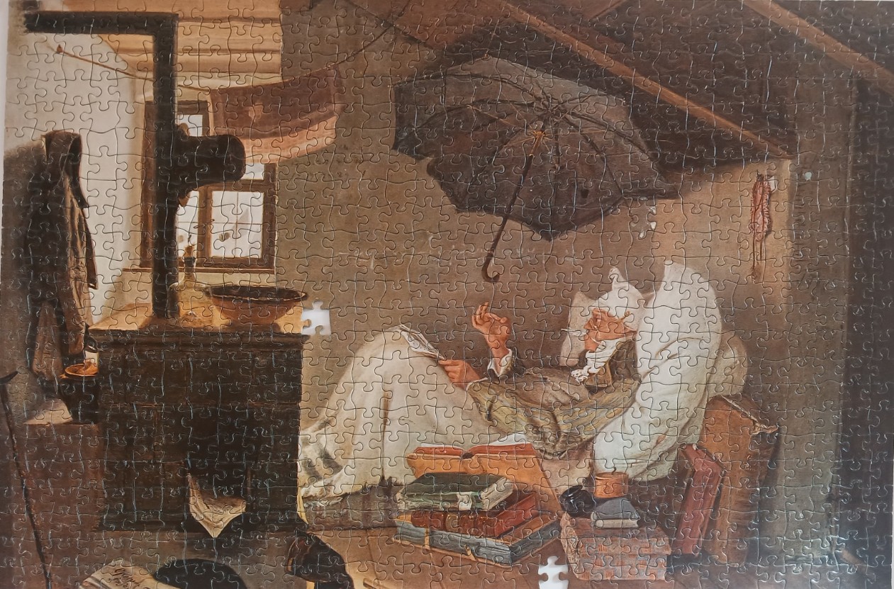 An illustration of an elderly person reading in a rustic, cluttered attic room under an open umbrella.