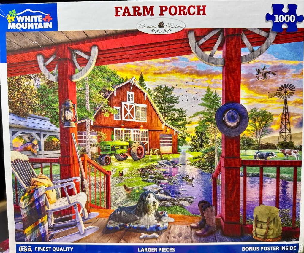 A sunny farm landscape featuring a red barn, a green tractor, and a rustic wooden porch.