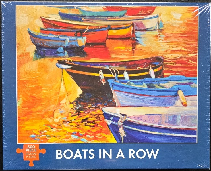An impressionist painting of colorful wooden boats moored in a calm harbor at sunset.