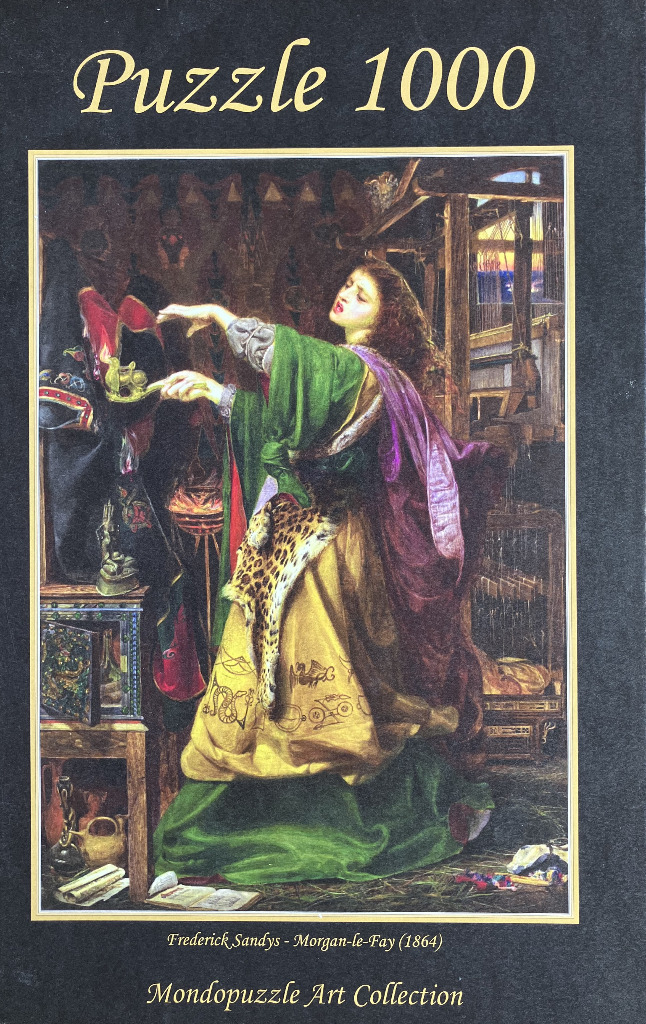 Painting of Morgan le Fay casting a spell in a dark, candlelit workshop