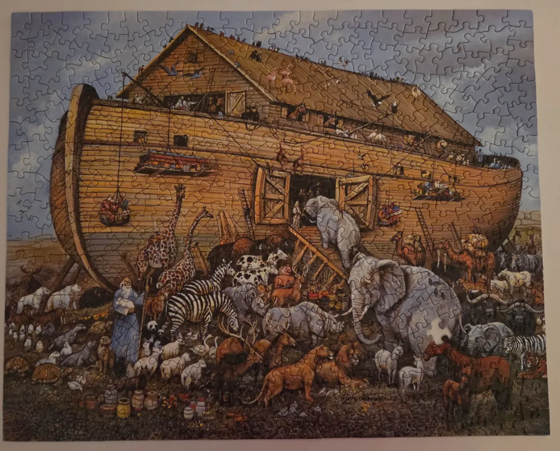 Illustration of Noah’s Ark being filled with various animals under a cloudy sky.