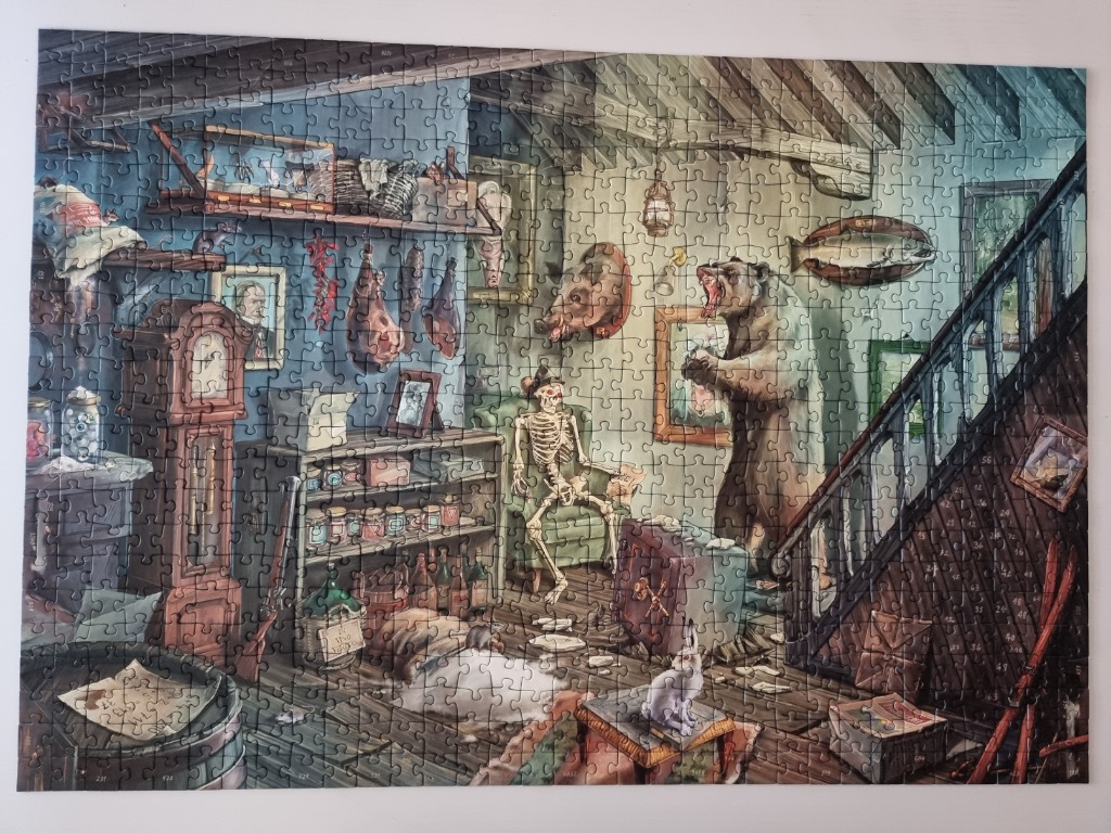 Rustic room with skeleton, bear, and taxidermy. Detailed, brown and blue tones.