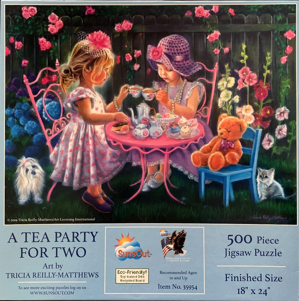 Two young girls having a tea party in a garden with a teddy bear, a small dog, and a kitten.
