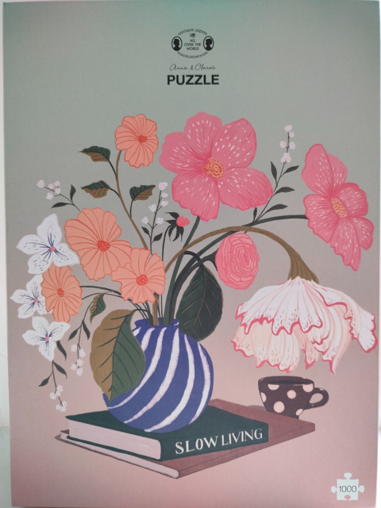 A floral illustration featuring a striped vase on books with a teacup against a muted grey-pink background.