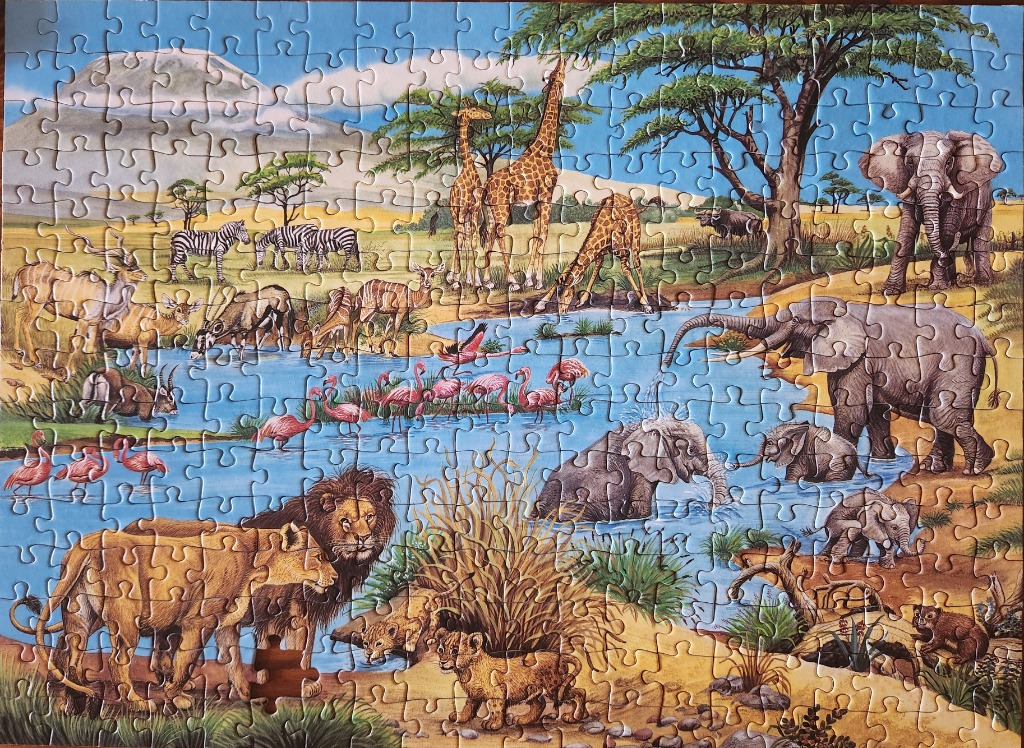 Illustration of an African savanna watering hole with lions, elephants, giraffes, zebras, and flamingos.