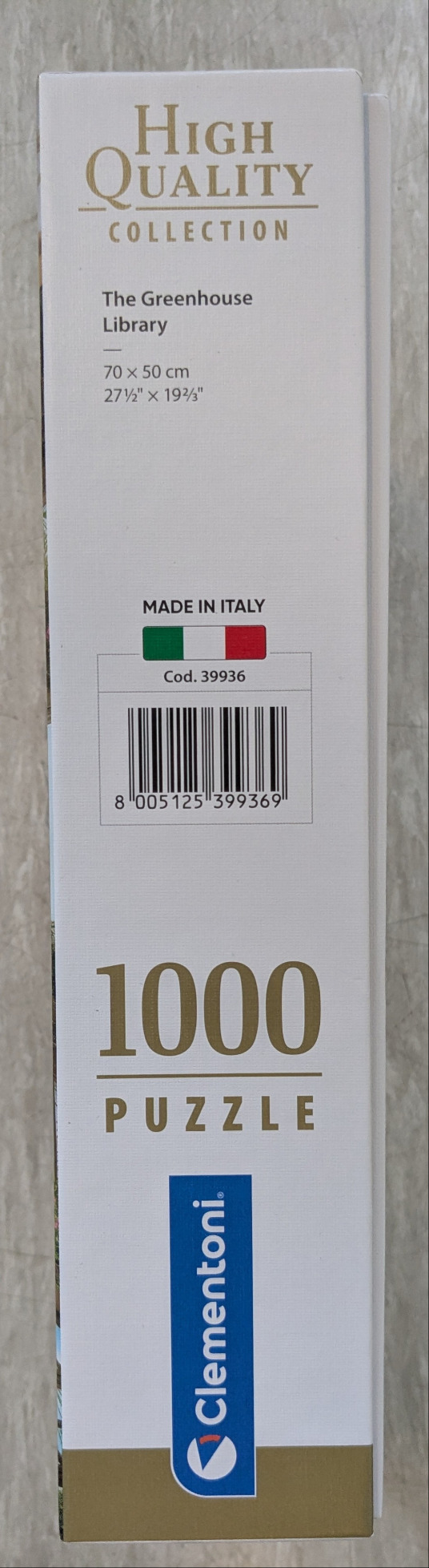 "The Greenhouse Library" 1000 piece puzzle box with Italian flag and gold lettering.