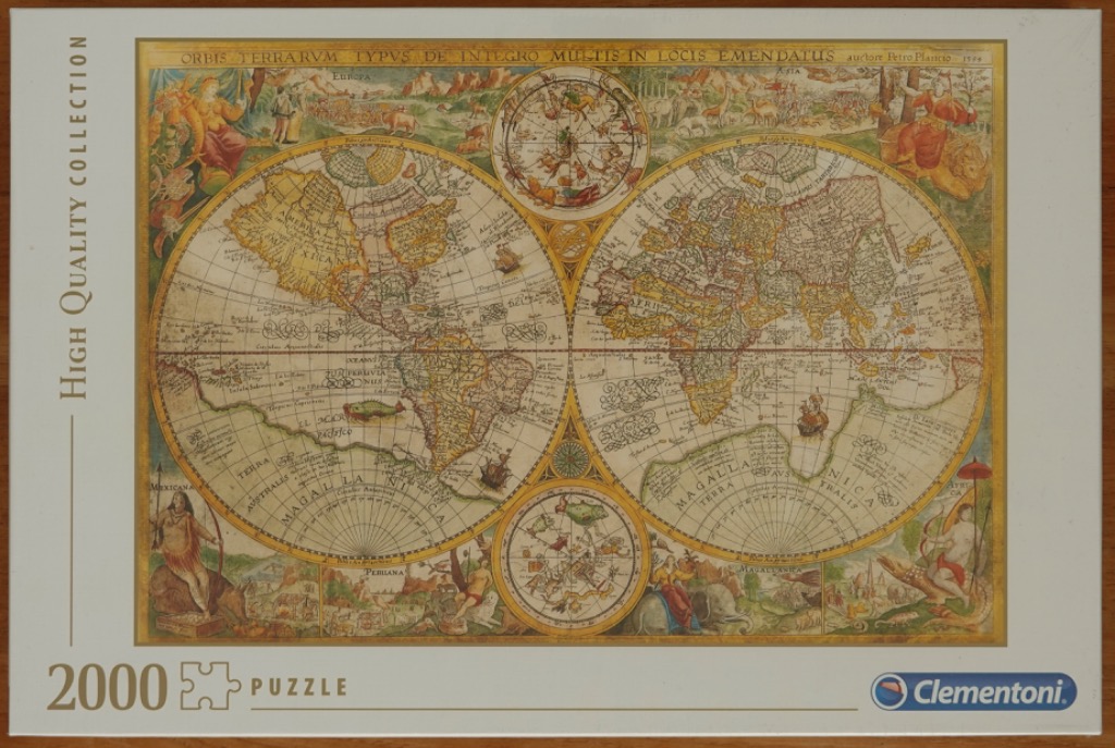 An antique-style double-hemisphere world map illustrated with mythical figures, constellations, and animals.