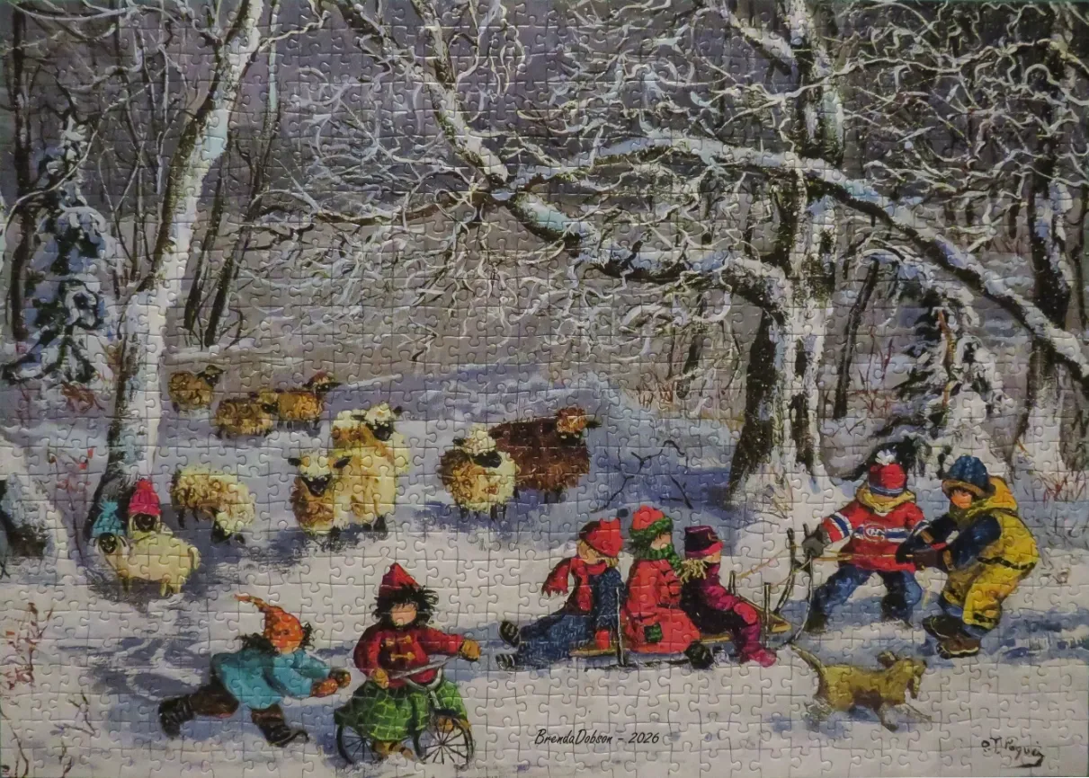 A winter scene featuring a group of children playing in the snow near a small flock of sheep in a wooded area.