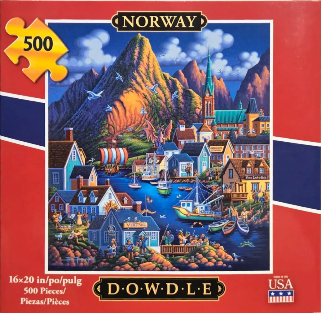 An illustrated coastal village in Norway featuring Viking characters, ships, and mountains.