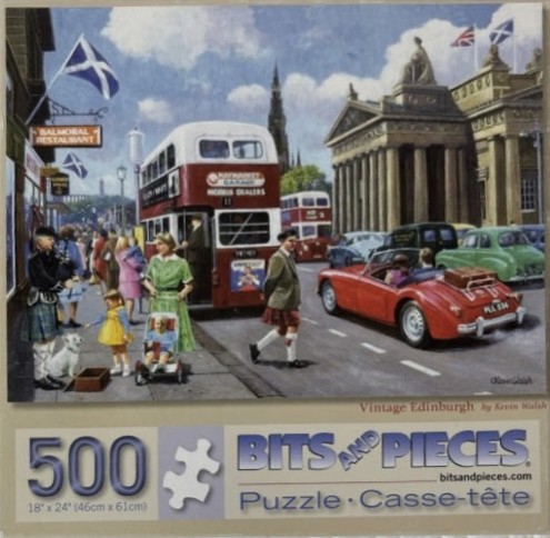 Vintage illustration of a bustling Edinburgh street scene featuring red double-decker buses and a classic red sports car.