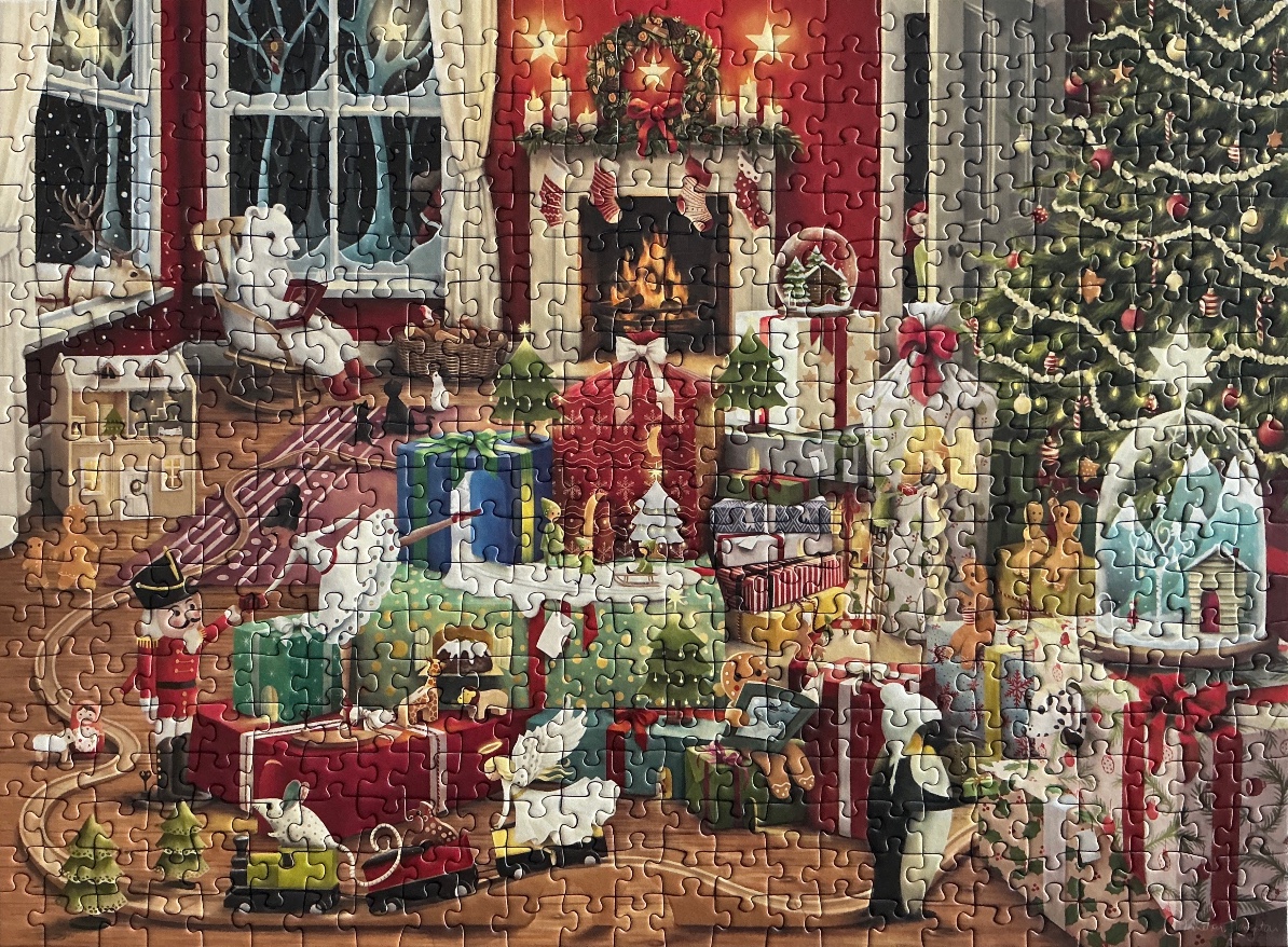 Cozy Christmas living room scene with a fireplace, a large tree, and many gifts surrounded by whimsical animal characters.