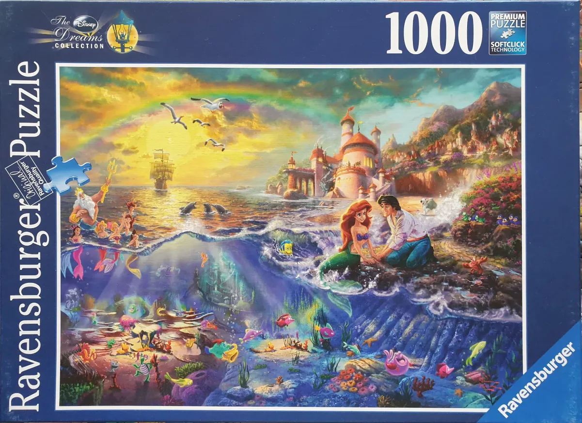 An illustration of The Little Mermaid characters above and below the surface of a golden sunset ocean.