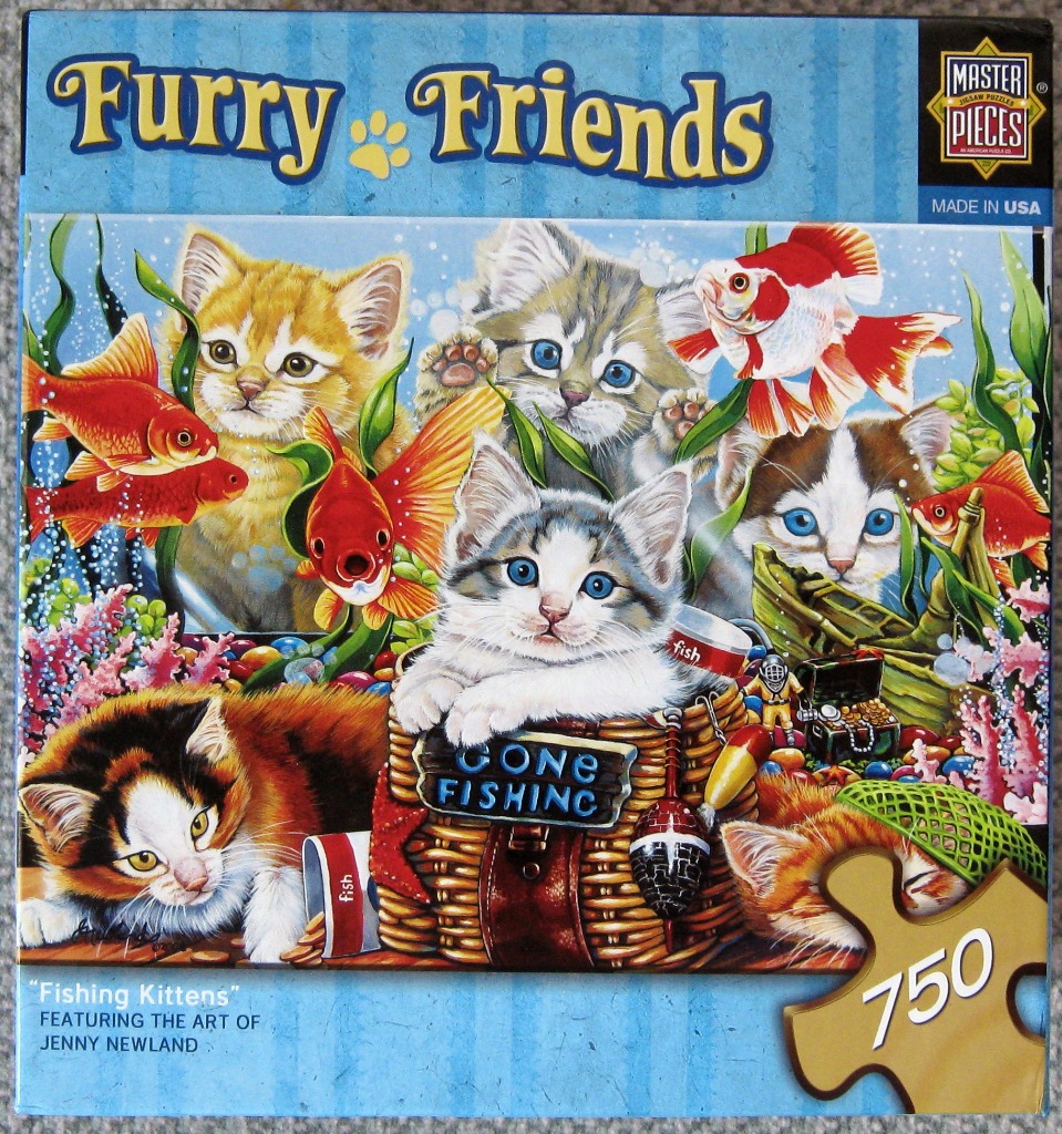 Five adorable kittens interacting with a colorful aquarium filled with goldfish and fishing gear.