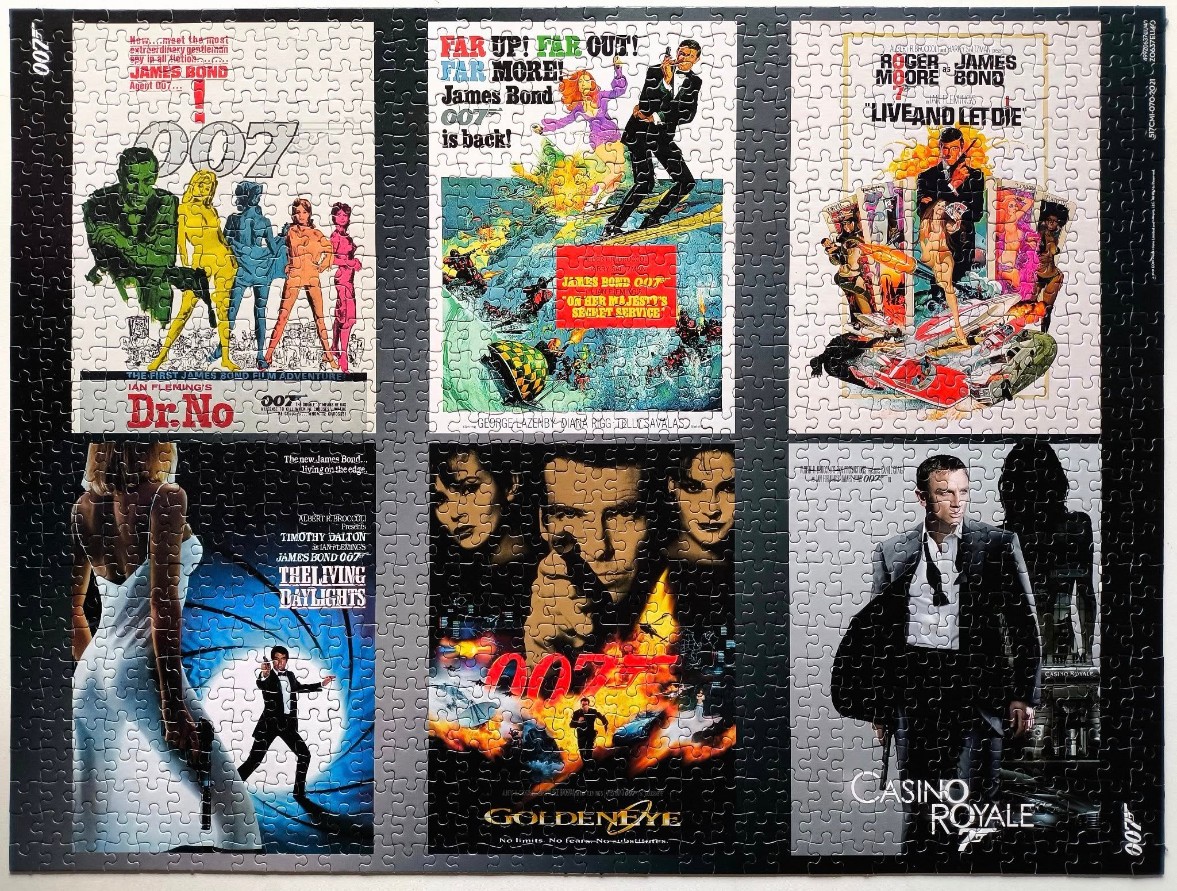 A grid of six classic James Bond movie posters featuring Dr. No, On Her Majesty