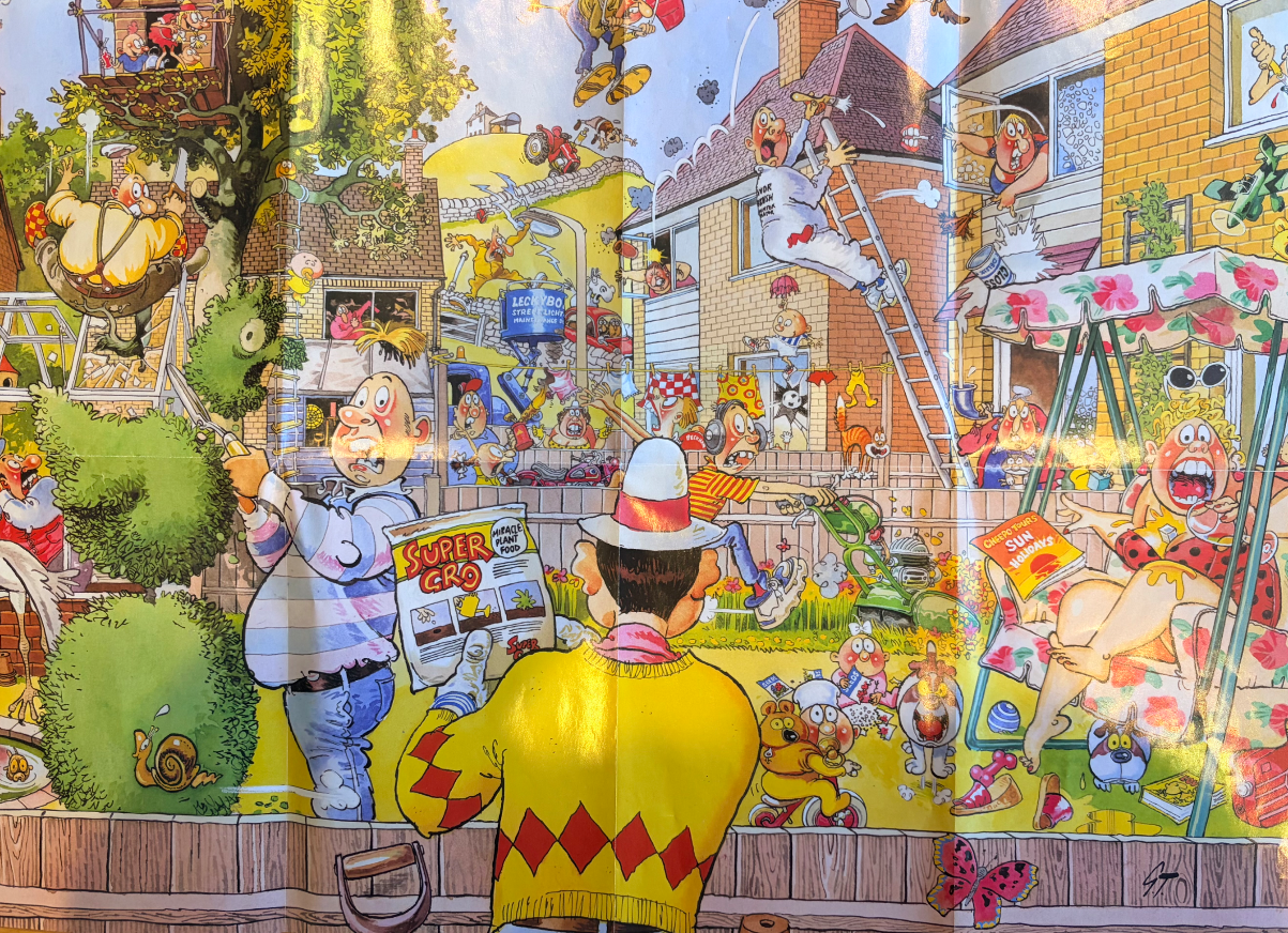 Chaotic cartoon neighborhood scene with gardening mishaps and humorous characters