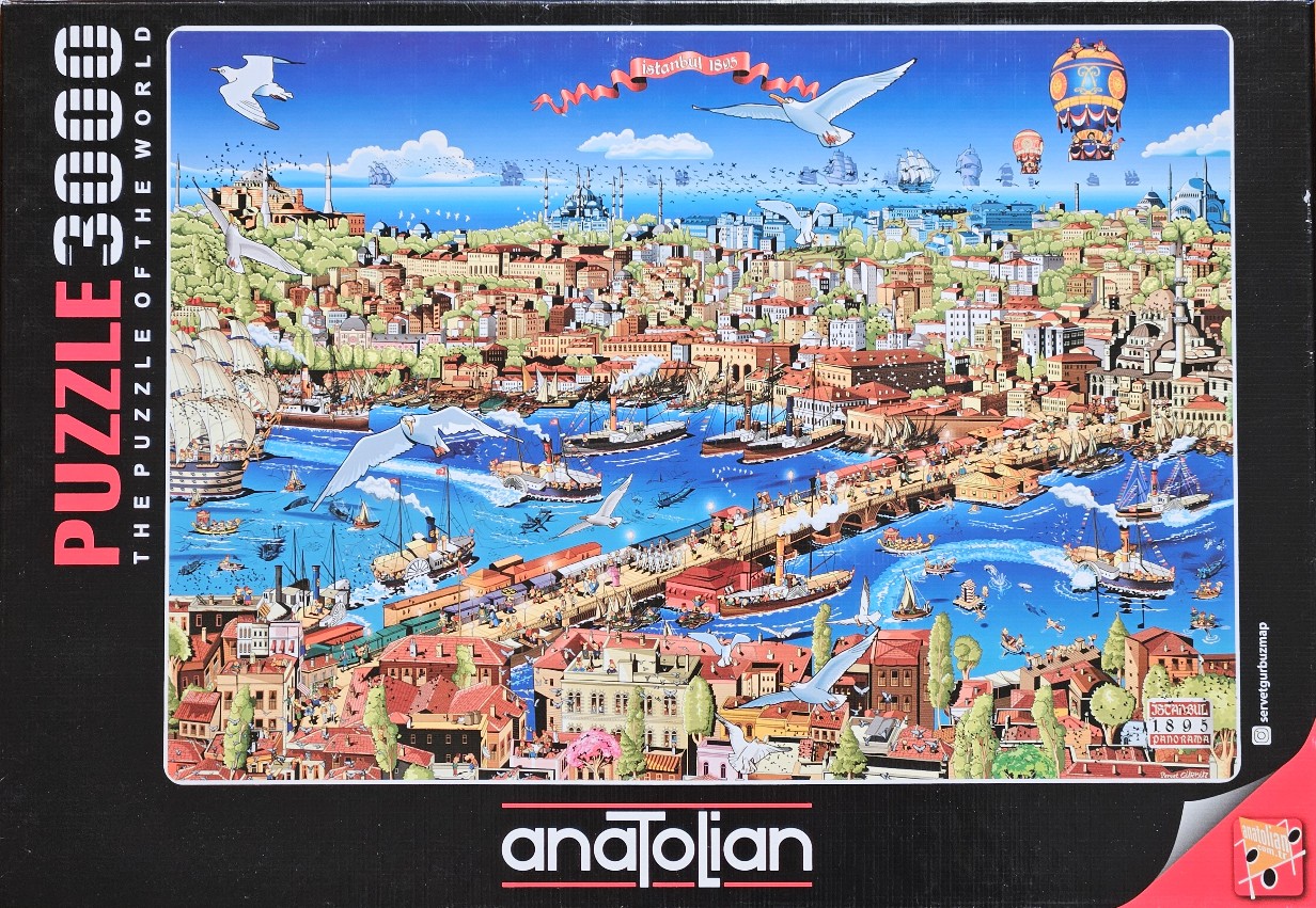 A colorful cartoon-style panoramic illustration of 1895 Istanbul featuring a busy harbor, boats, and city architecture.