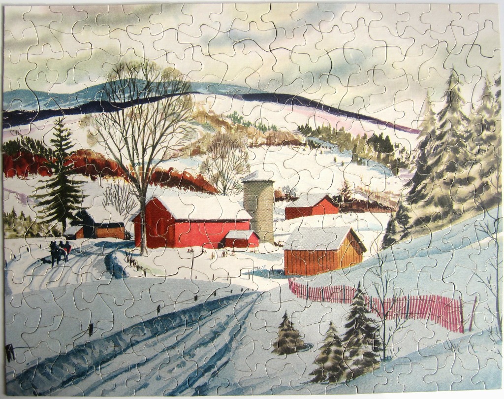 A winter landscape painting of a red farmhouse and barn with horse-drawn carriage in the snow.