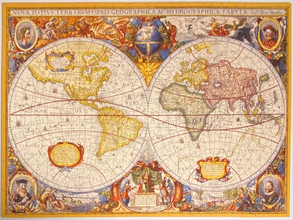 An antique-style double-hemisphere world map with intricate illustrations and Latin text.