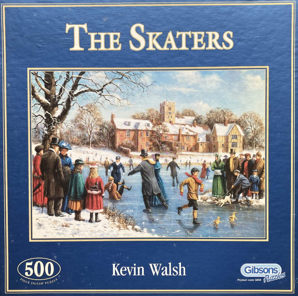 A nostalgic painting of Victorian-era figures ice skating on a frozen pond in front of an English village.