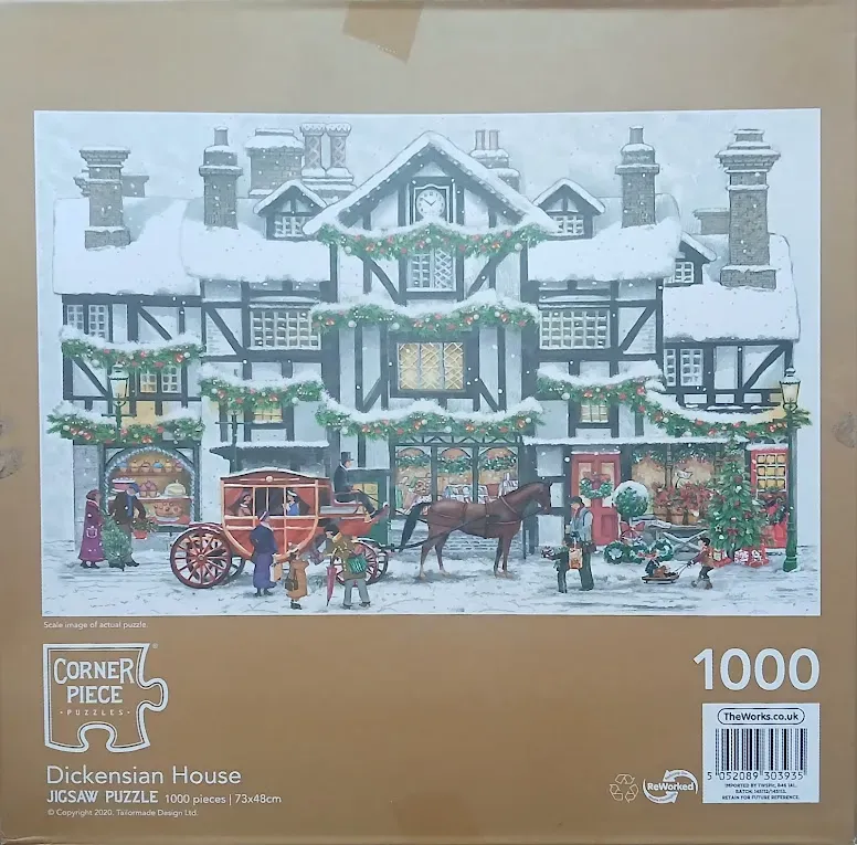 Illustration of a snow-covered Tudor-style building with horse-drawn carriage and Christmas decorations