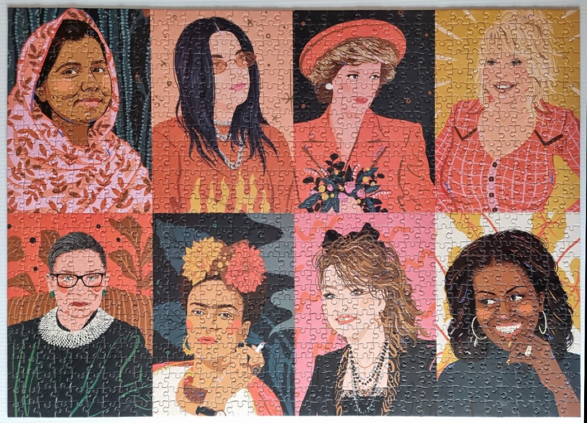 A collage illustration featuring portraits of eight iconic and influential women in a grid layout.