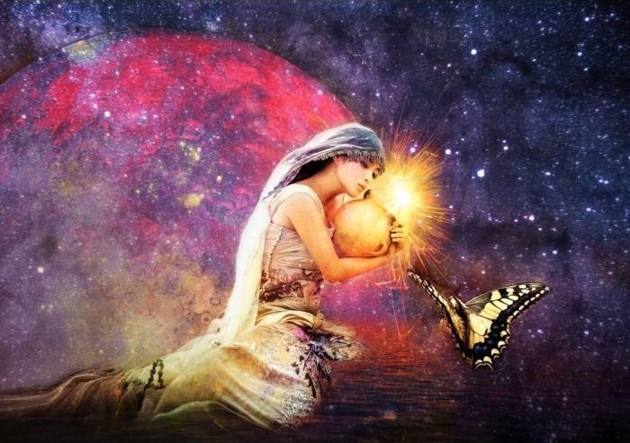A woman in a flowing gown holds a glowing sphere against a backdrop of a vast nebula and a large red planet.