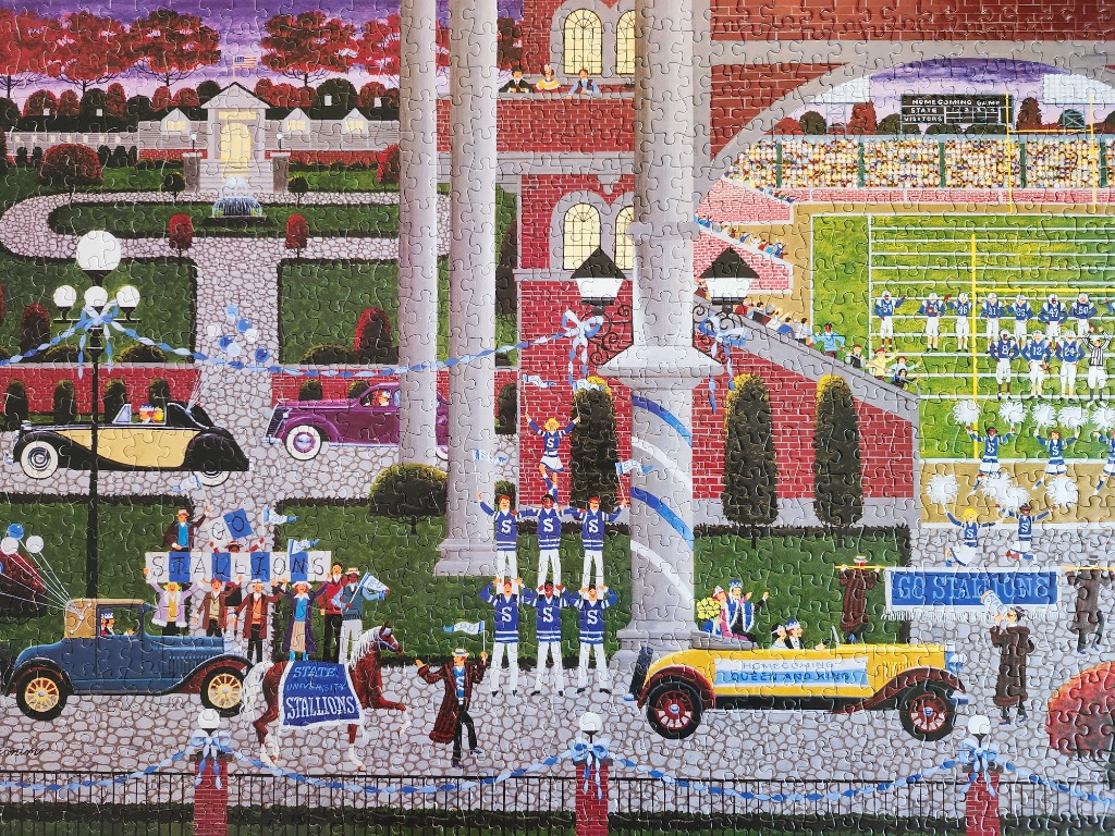 A whimsical illustration of a university homecoming parade and football game with vintage cars and cheerleaders.