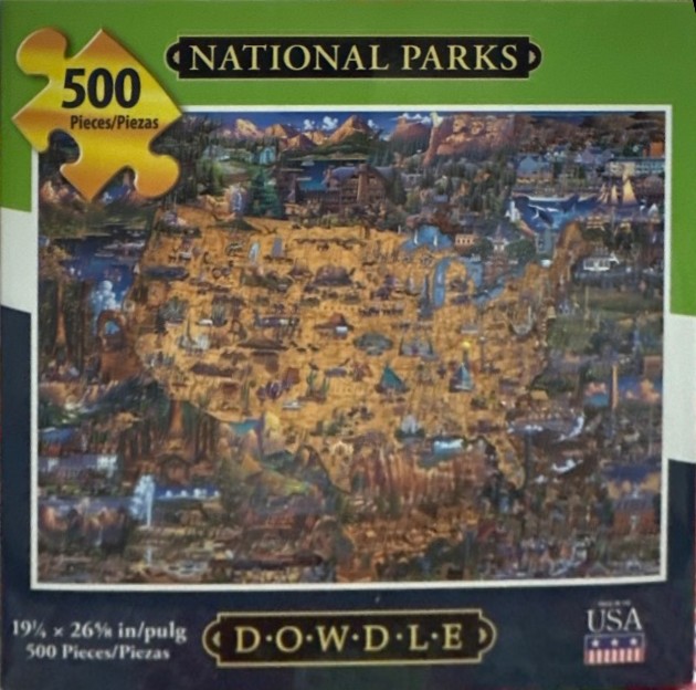 A whimsical folk art map illustration of the United States featuring various national parks and landmarks.