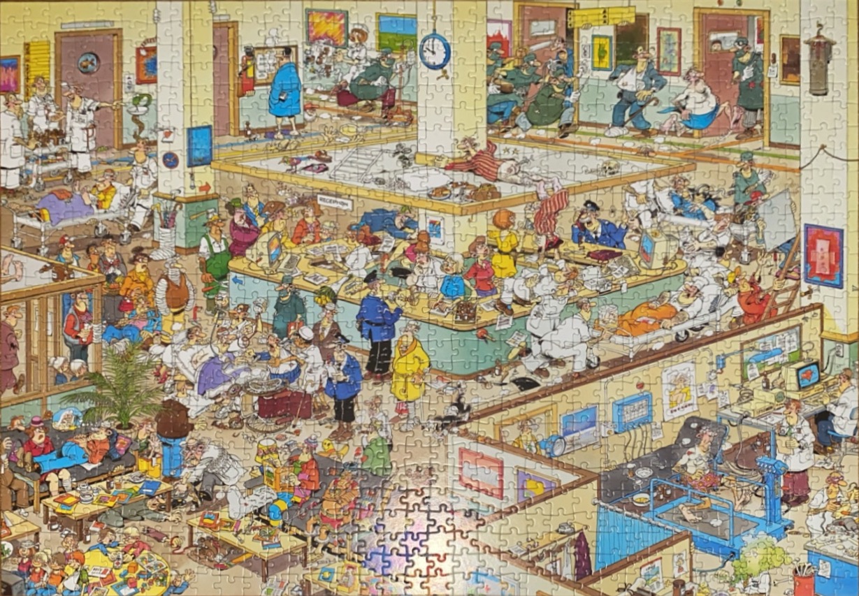 A busy cartoon illustration depicting the chaotic and humorous scenes inside a bustling hospital ward.