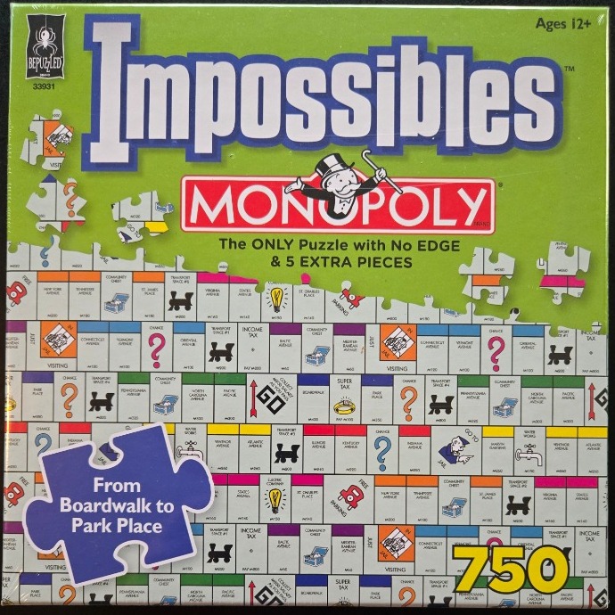 A Monopoly board game theme featuring a puzzle piece overlay against a bright green background.
