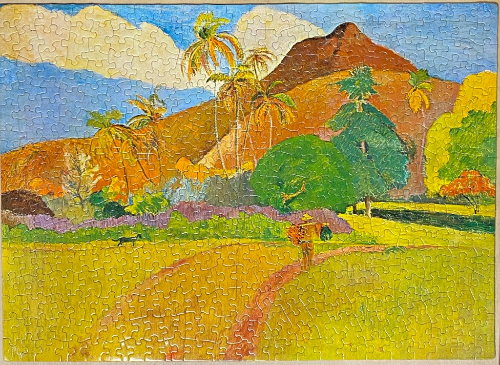 A post-impressionist painting of a tropical landscape with a mountain, palm trees, and a lone figure walking a path.