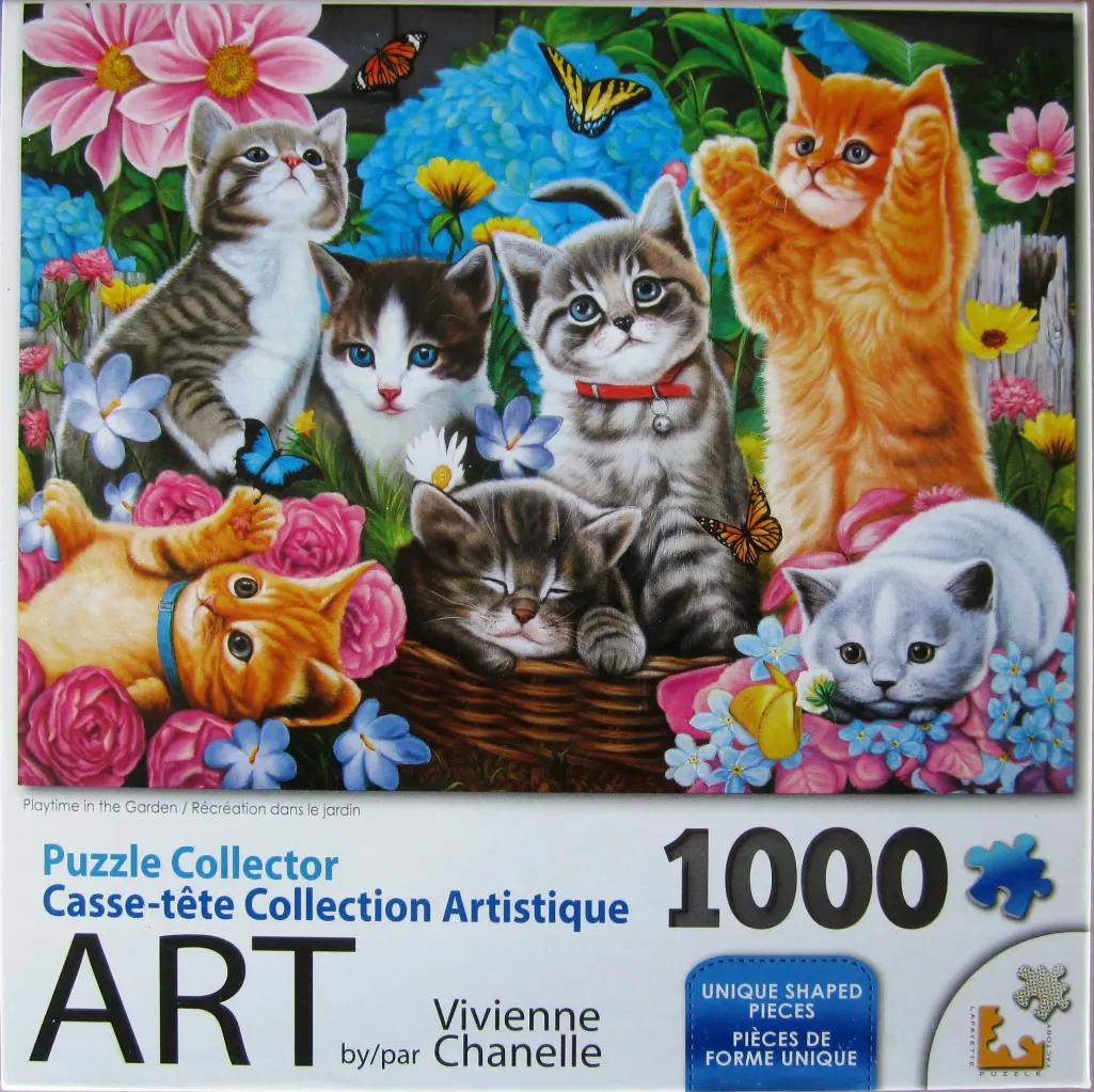 An illustration of six kittens of various colors playing and resting in a vibrant flower garden with butterflies.