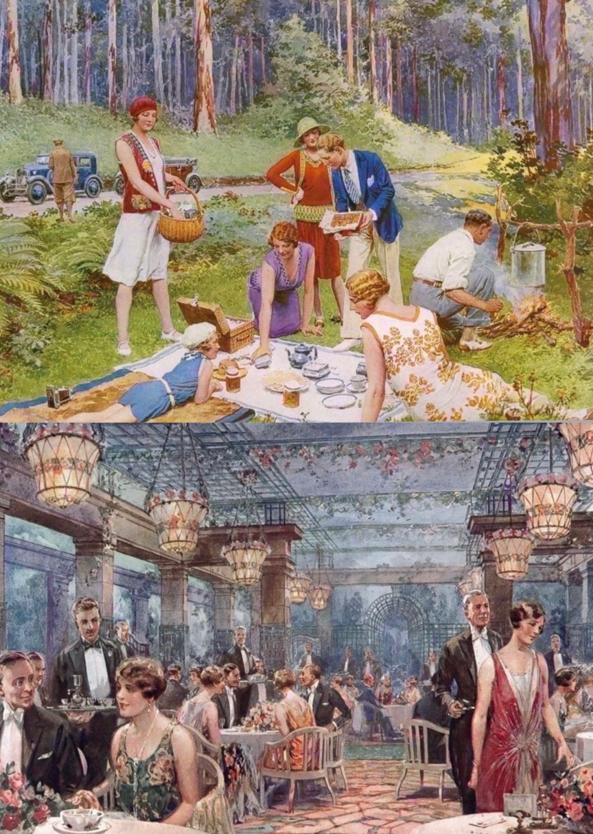 A split-panel illustration depicting an outdoor picnic scene in a forest and an elegant indoor ballroom dinner party.