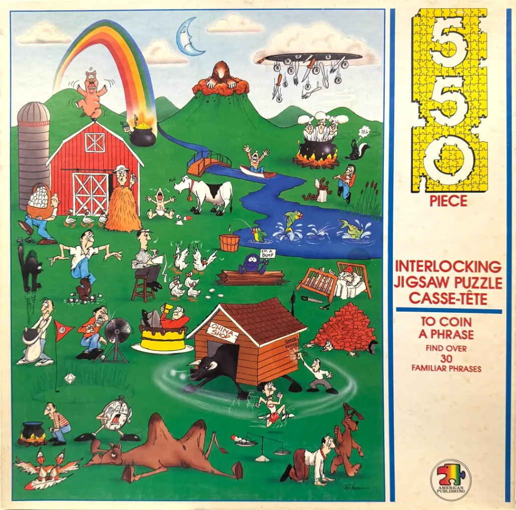Cartoon illustration depicting a landscape filled with over 30 visual puns and idioms.