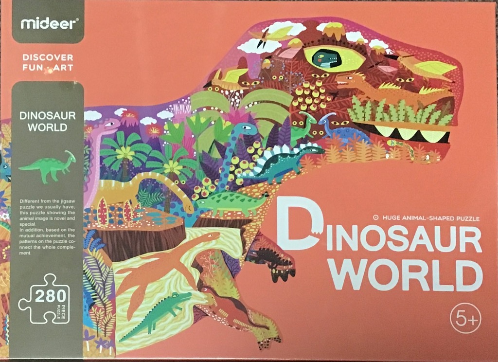 Stylized illustration of a large Tyrannosaurus Rex silhouette filled with prehistoric jungle scenes and dinosaurs.