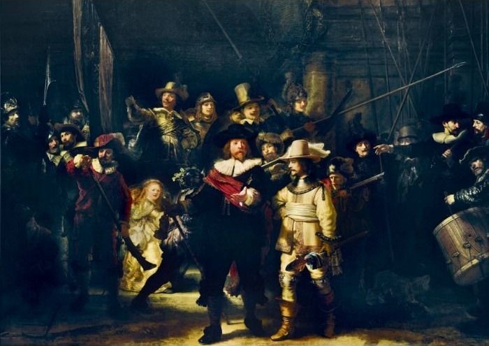 A dynamic group portrait of a militia company, with leaders in the foreground illuminated by dramatic light.