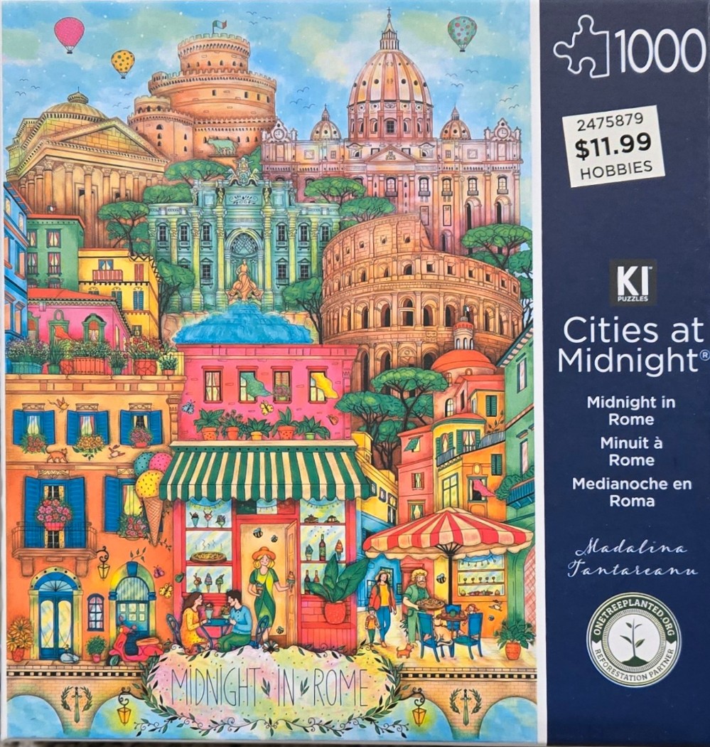 Illustration of Roman landmarks, colourful buildings, and a lively sidewalk cafe scene.