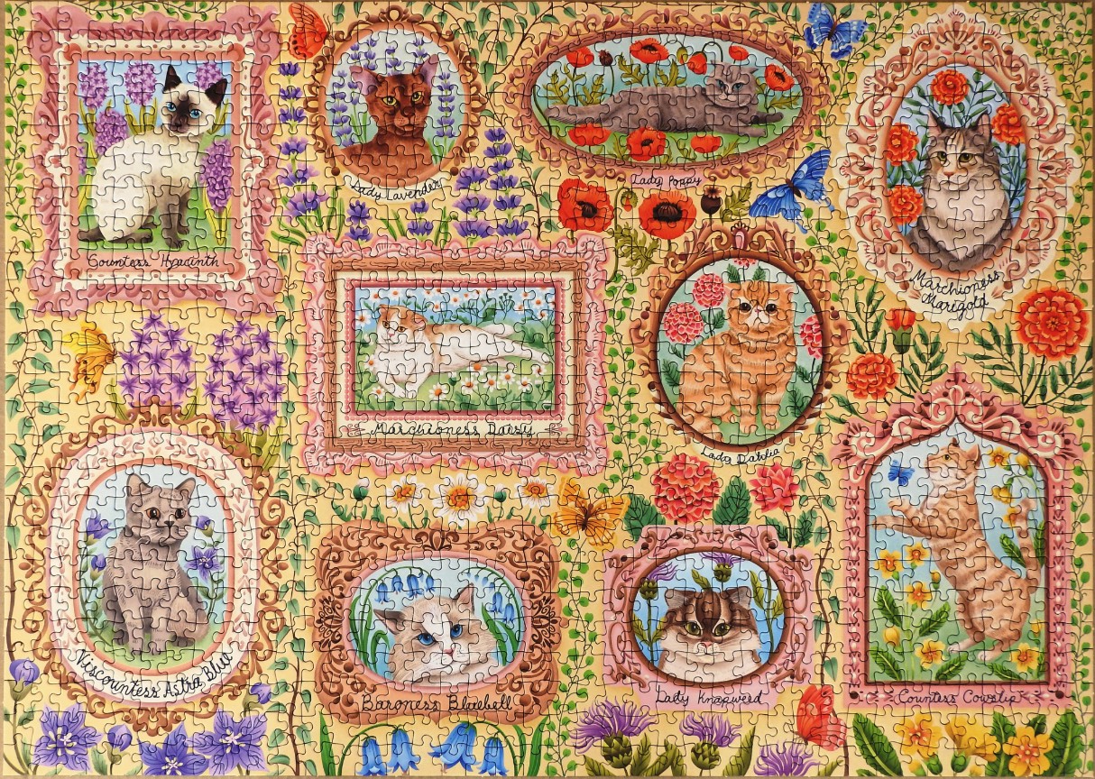 A whimsical illustration of various cats arranged in ornate picture frames surrounded by flowers and butterflies.